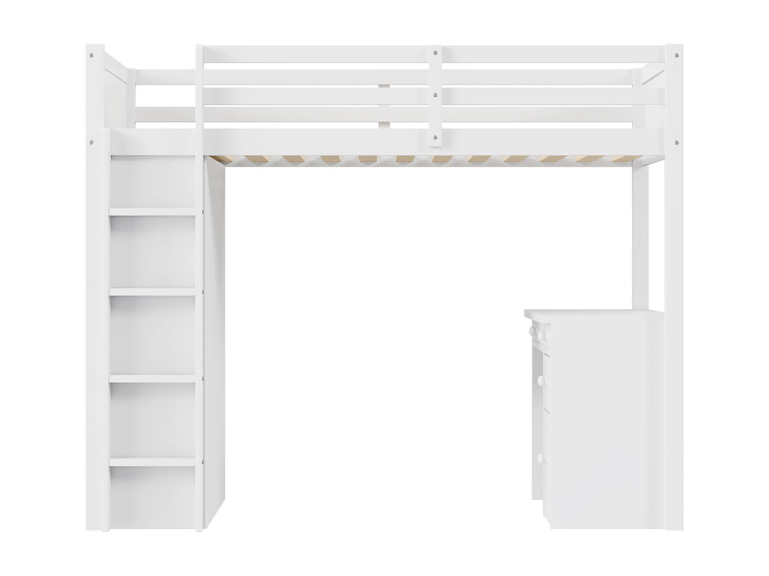 Letto a soppalco per bambini 90 x 200 cm con 4 cassetti, scrivania e armadio contenitore - Legno bianco