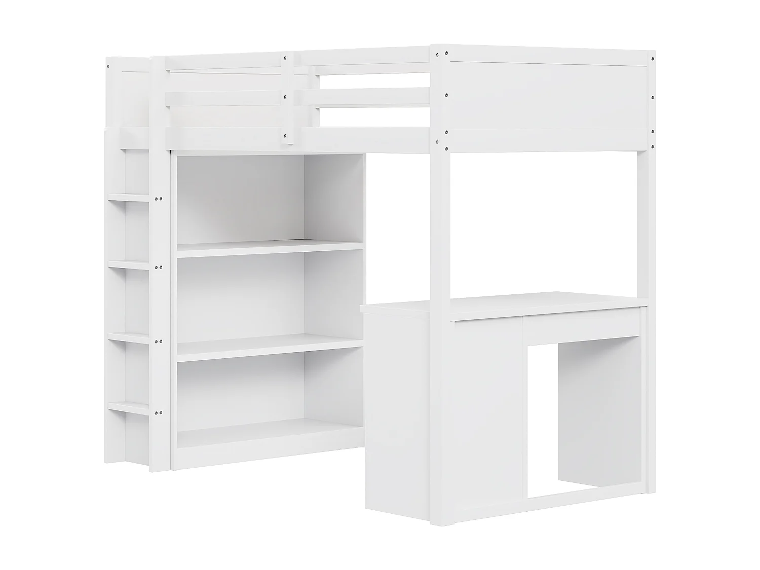 Letto a soppalco per bambini 90 x 200 cm con 4 cassetti, scrivania e armadio contenitore - Legno bianco