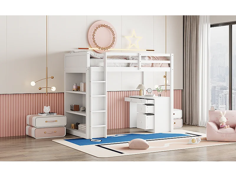 Letto a soppalco per bambini 90 x 200 cm con 4 cassetti, scrivania e armadio contenitore - Legno bianco