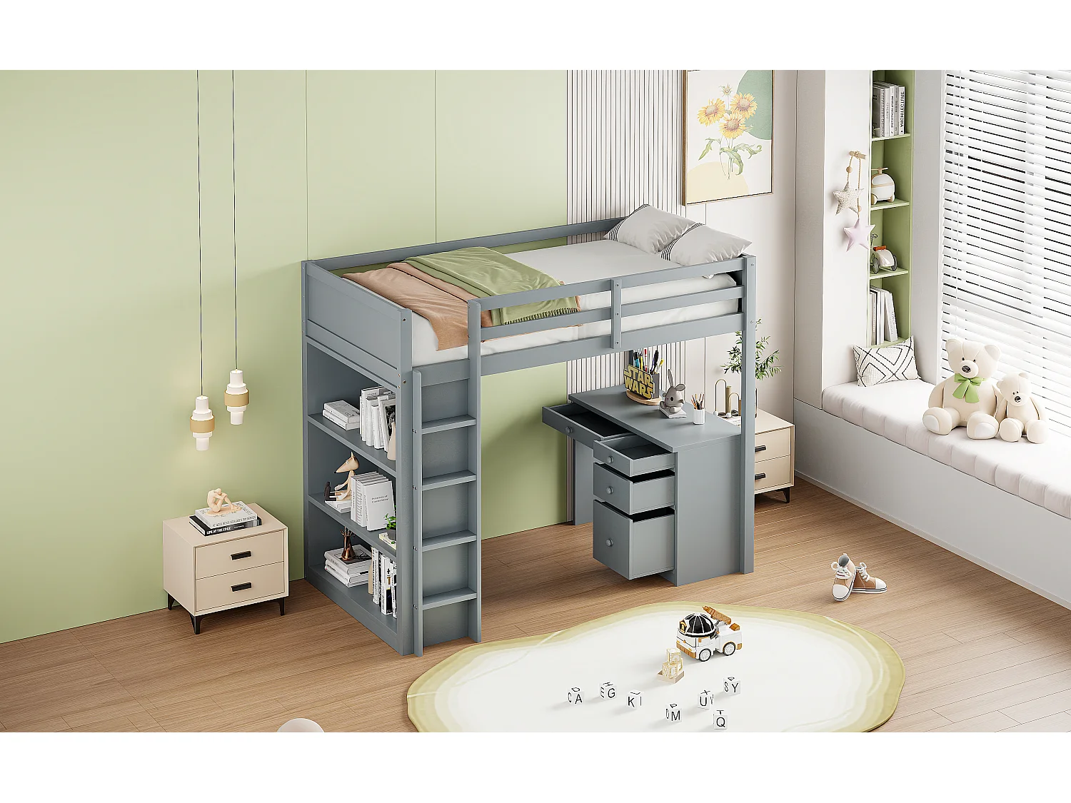Letto a soppalco per bambini 90 x 200 cm con 4 cassetti, scrivania e armadio contenitore - Legno grigio