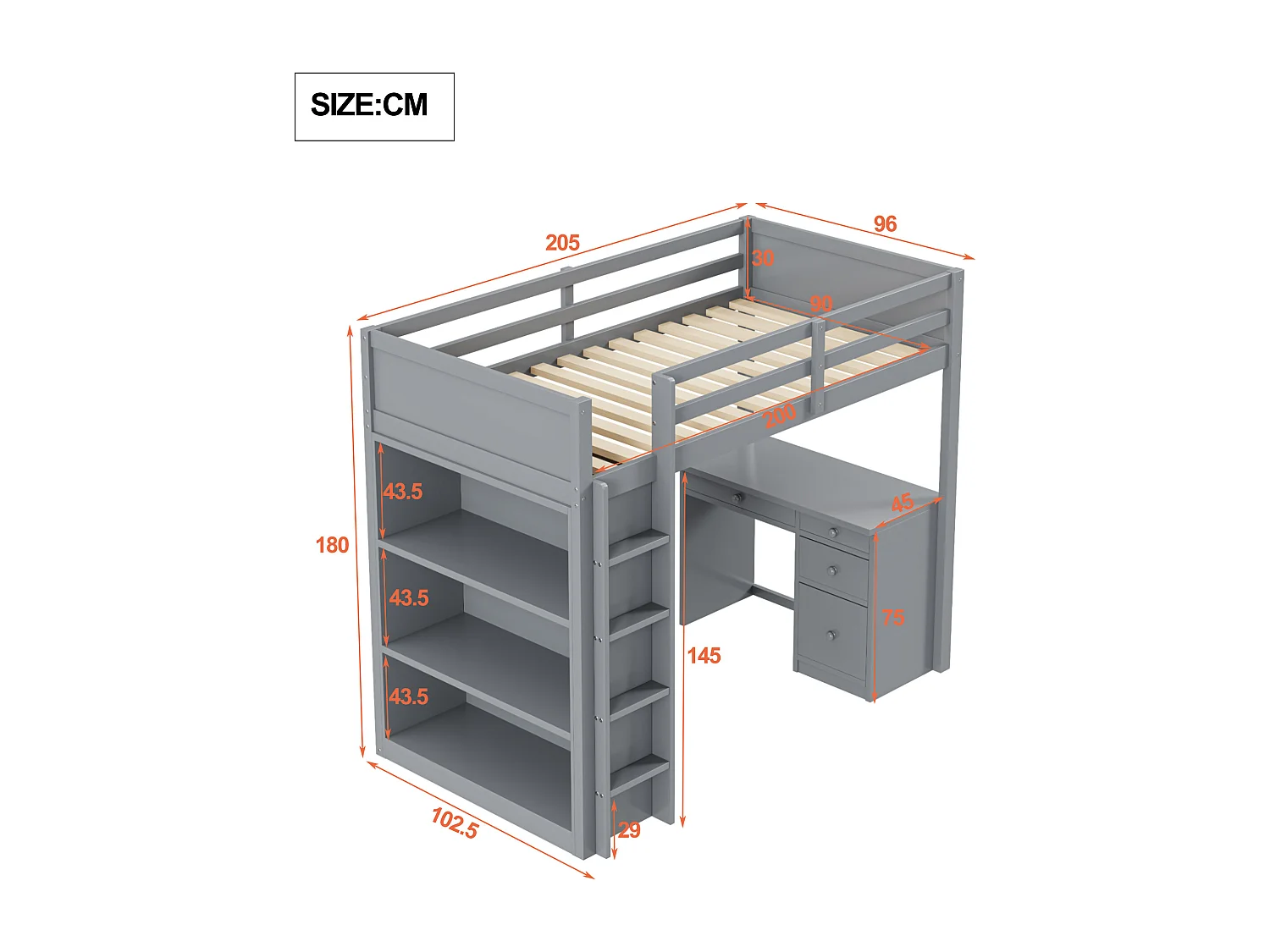 Letto a soppalco per bambini 90 x 200 cm con 4 cassetti, scrivania e armadio contenitore - Legno grigio