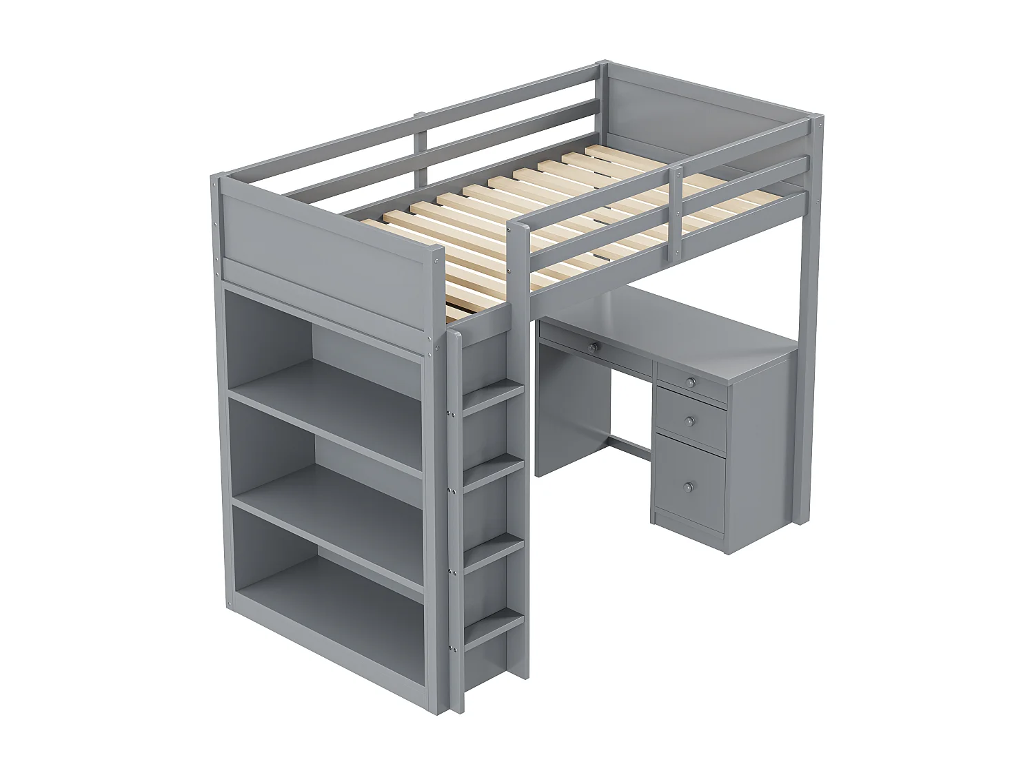 Letto a soppalco per bambini 90 x 200 cm con 4 cassetti, scrivania e armadio contenitore - Legno grigio