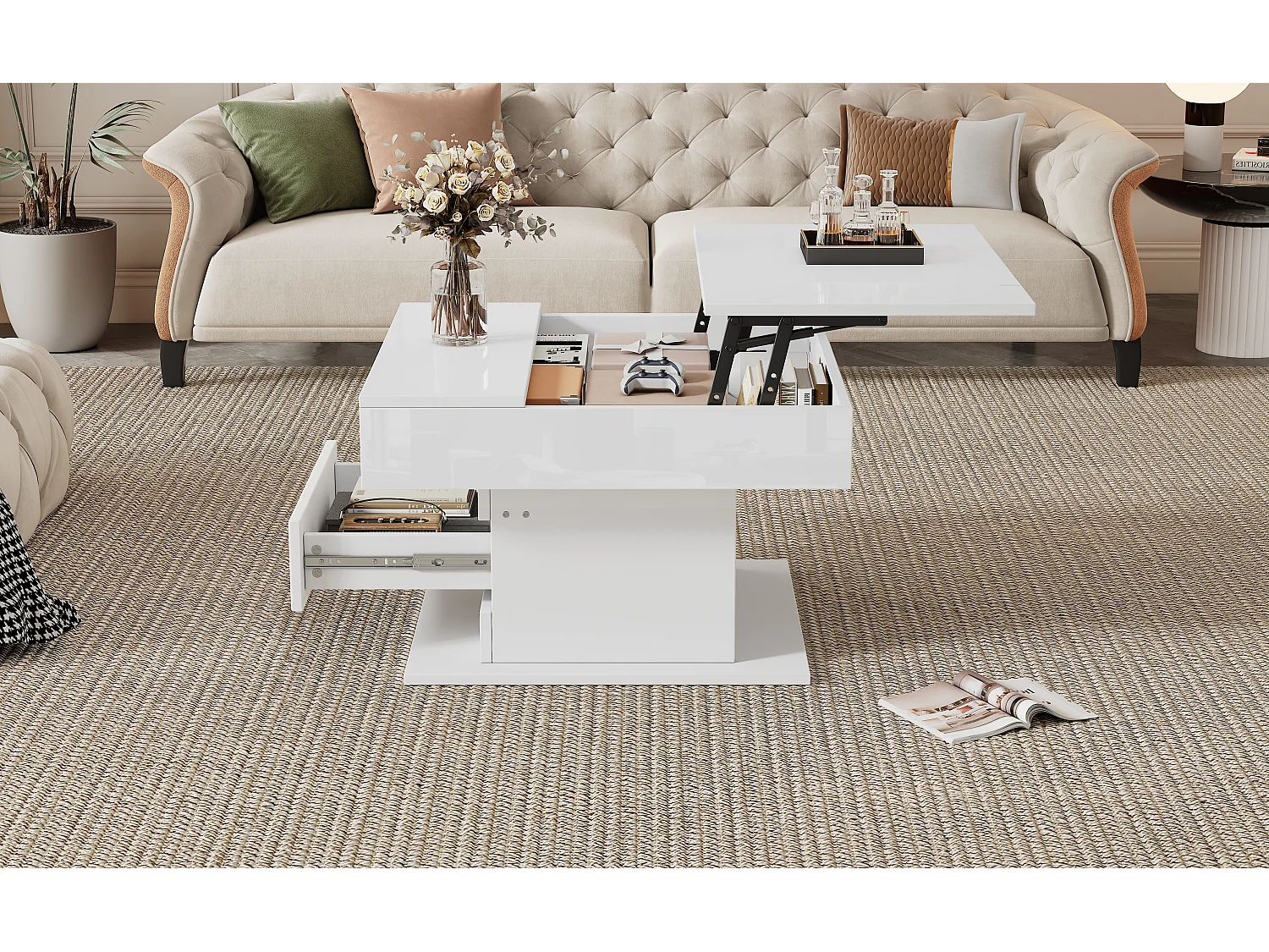 Tavolino da caffè laccato lucido con piano sollevabile e cassetto - Piano girevole - Legno PB bianco