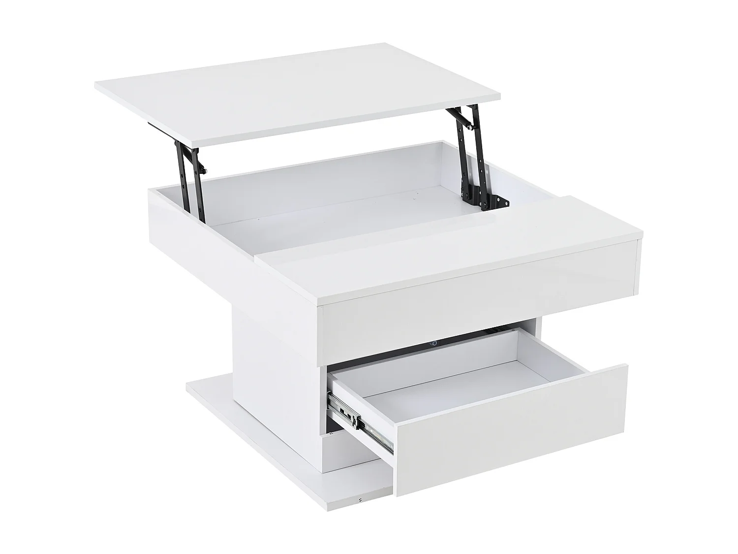 Tavolino da caffè laccato lucido con piano sollevabile e cassetto - Piano girevole - Legno PB bianco