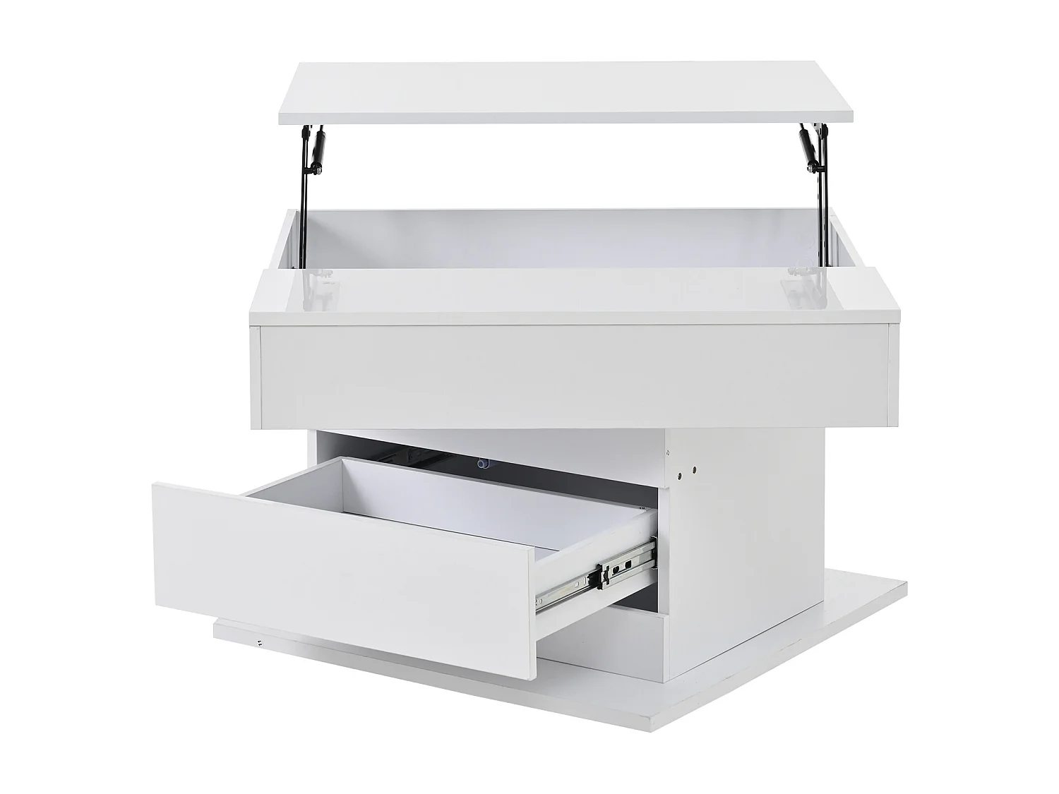 Tavolino da caffè laccato lucido con piano sollevabile e cassetto - Piano girevole - Legno PB bianco