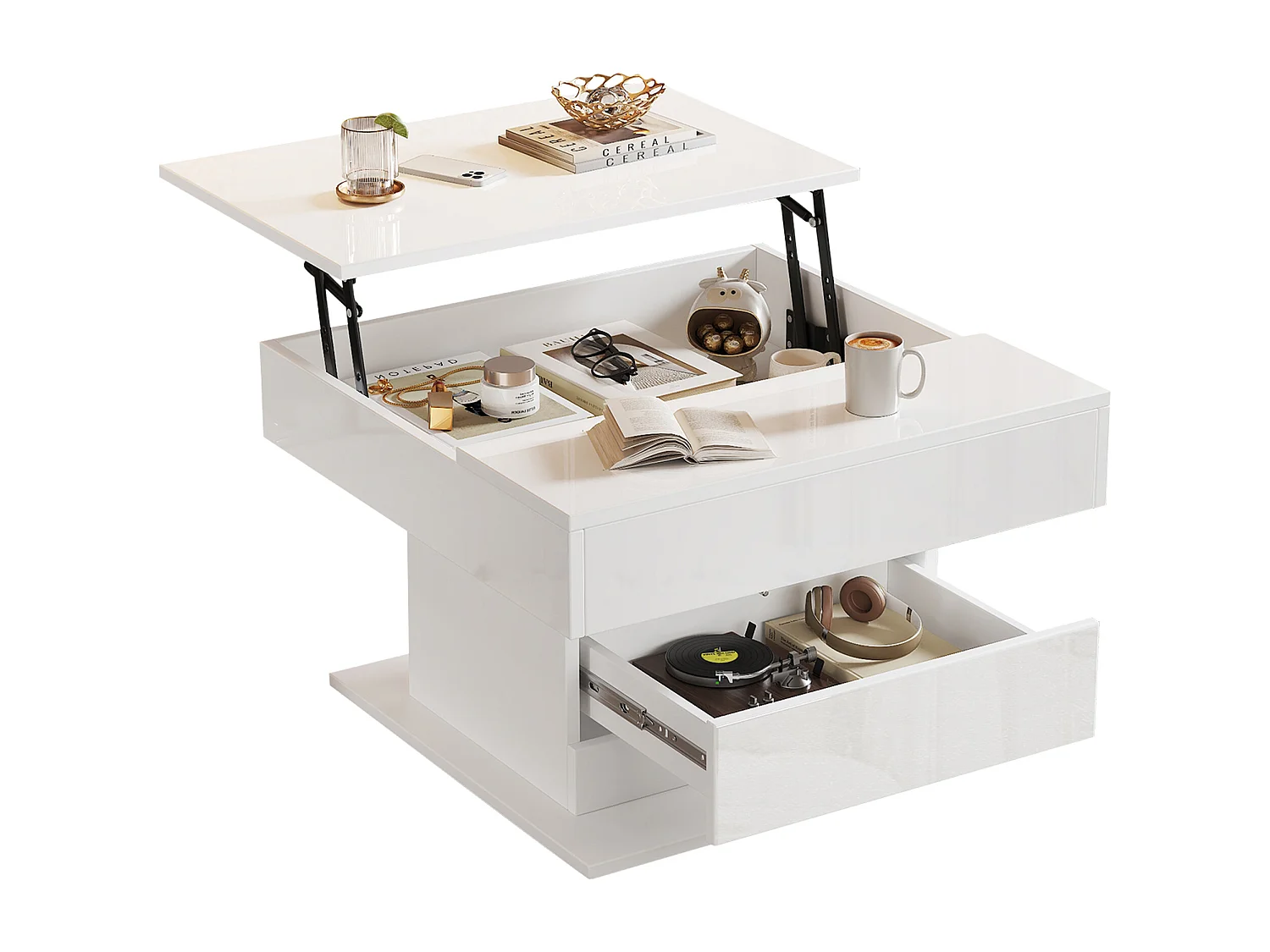 Table basse relevable laquée brillante avec tiroir - Plateau pivotant - Bois PB blanc