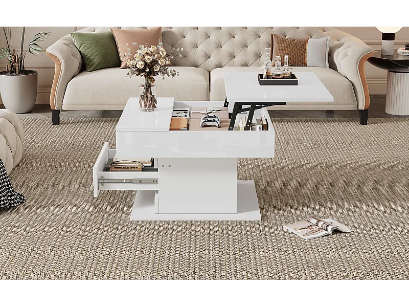 Tavolino da caffè laccato lucido con piano sollevabile e cassetto - Piano girevole - Legno PB bianco