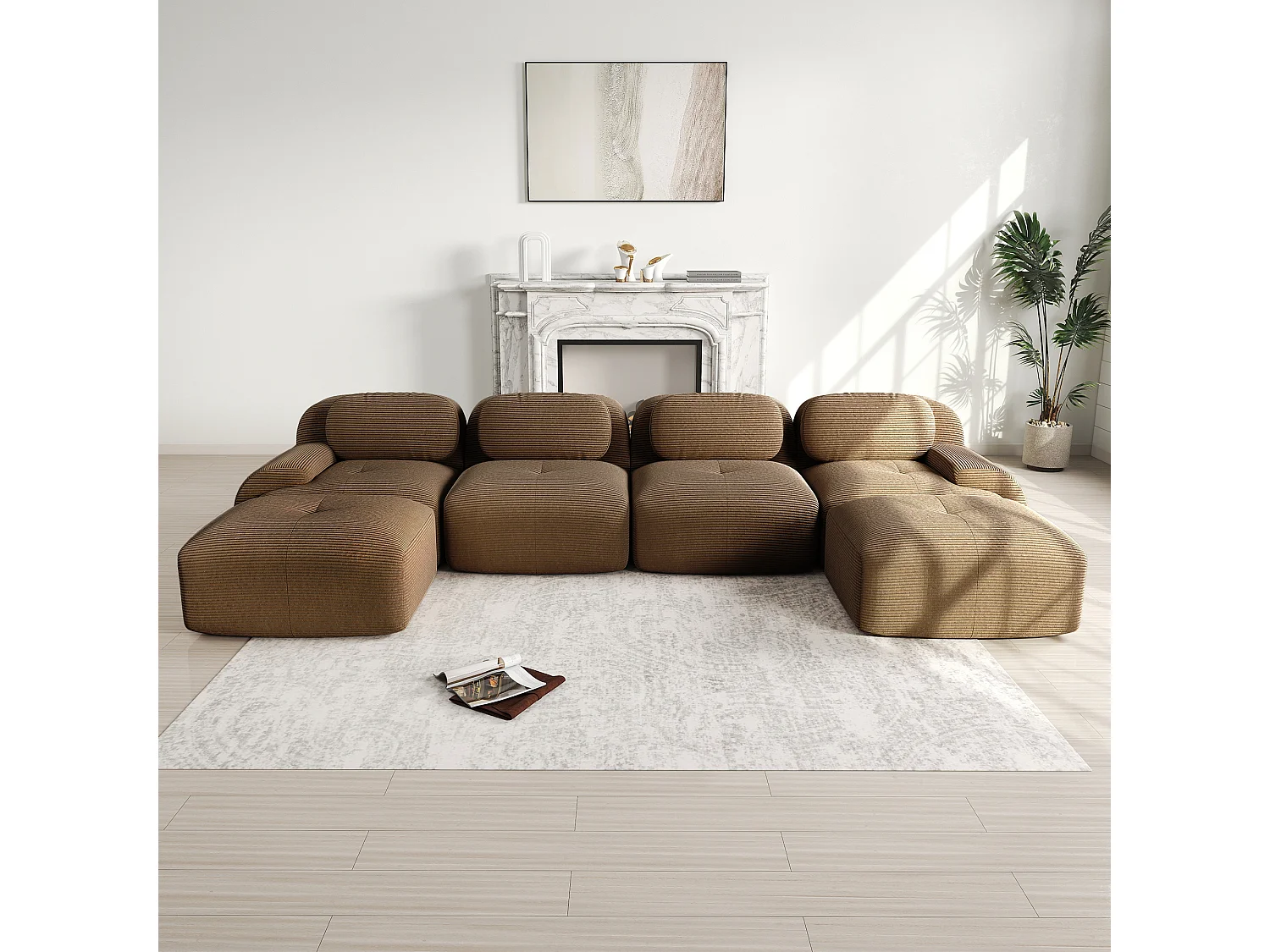 Grand canapé d'angle modulable 388cm - en Velours côtelé - avec 4 oreillers et 2 pouf - ergonomique - Marron