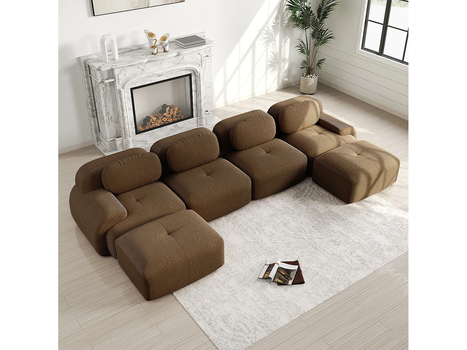 Grand canapé d'angle modulable 388cm - en Velours côtelé - avec 4 oreillers et 2 pouf - ergonomique - Marron