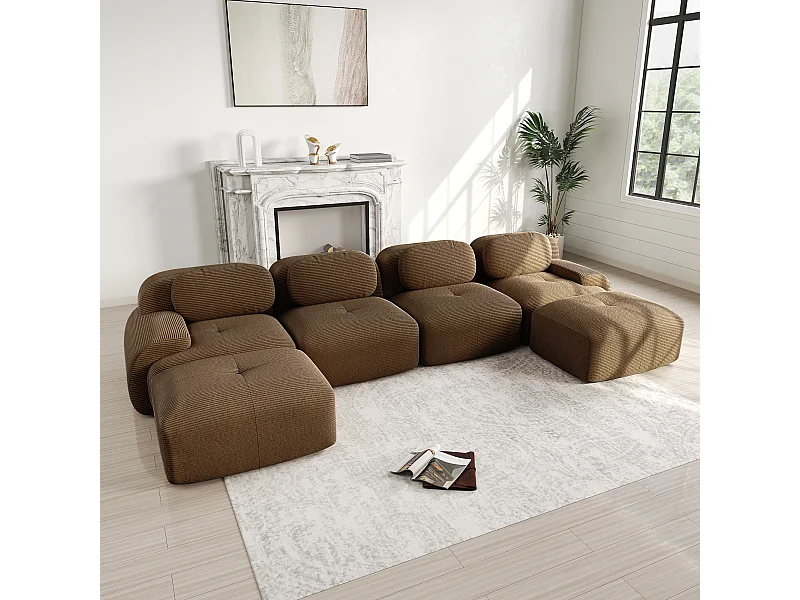 Grote modulaire hoekbank 388cm - in Ribfluweel - met 4 kussens en 2 poefs - ergonomisch - Bruin