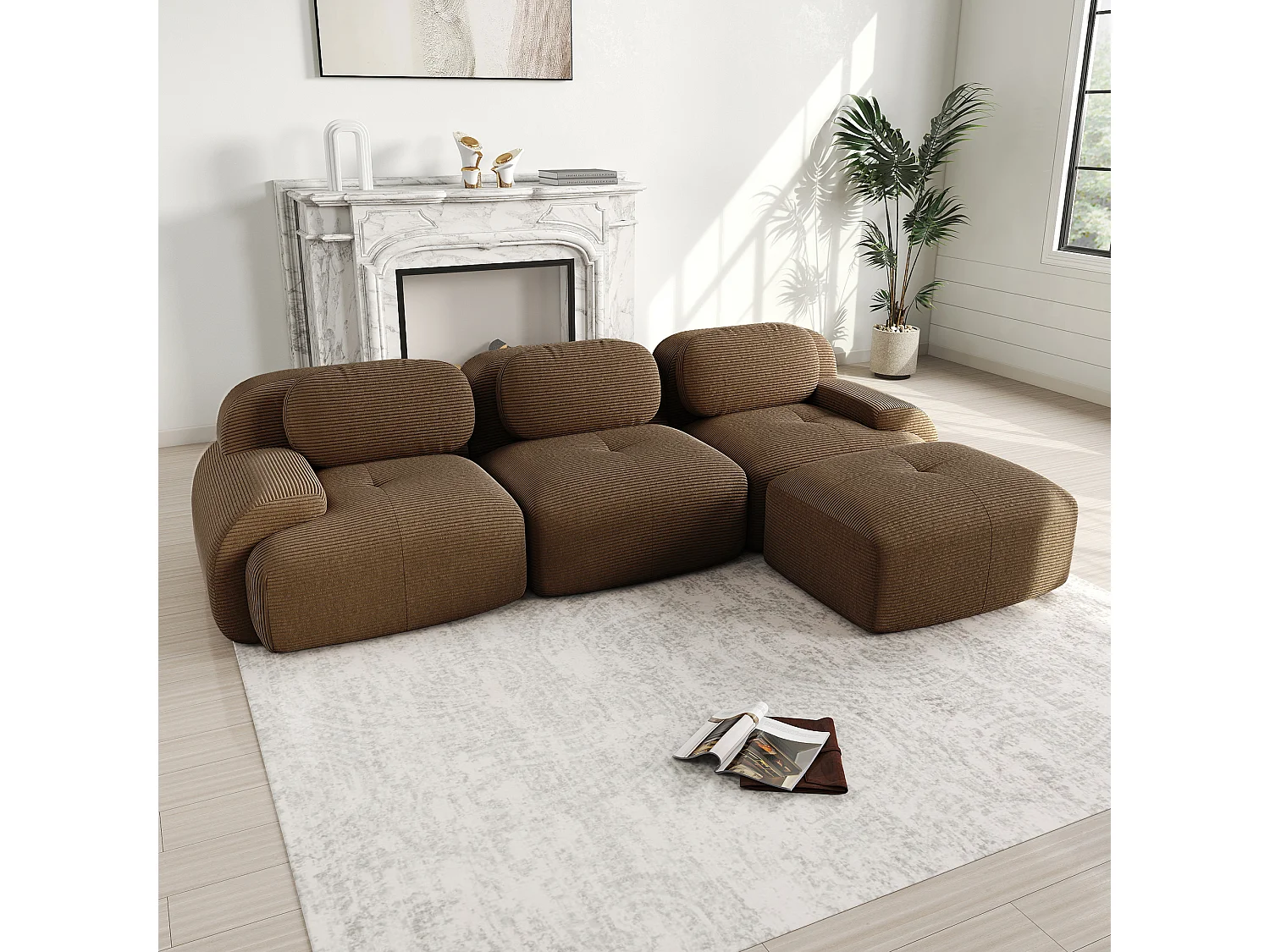 Canapé 3 places d'angle modulable - en Velours côtelé - avec 3 oreillers et pouf - 298x178x70cm - Marron