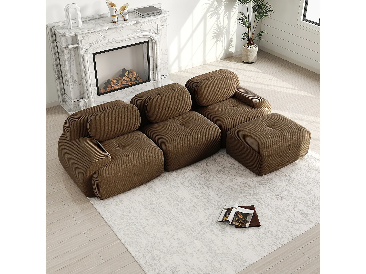 Canapé 3 places d'angle modulable - en Velours côtelé - avec 3 oreillers et pouf - 298x178x70cm - Marron