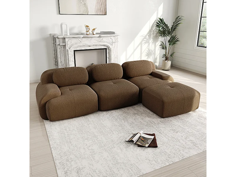 Hoekbank 3-zits modulair - in Ribfluweel - met 3 kussens en poef - 298x178x70cm - Bruin