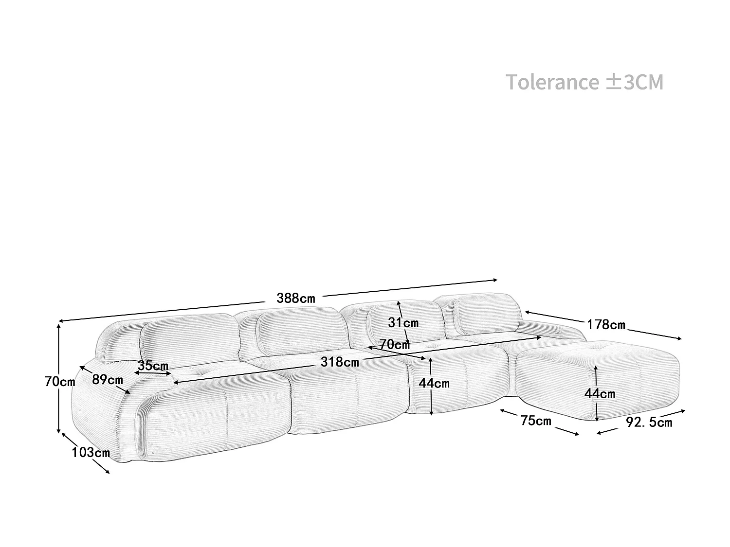 Modulares Ecksofa 4-sitzig - in Rippvelours - mit 4 Kissen und Hocker - 388x178x70cm - Braun