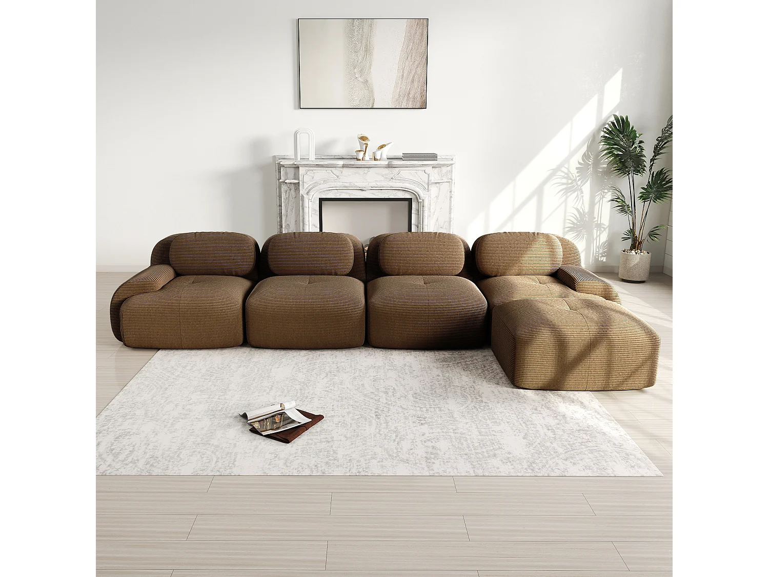 Canapé 4 places d'angle modulable - en Velours côtelé - avec 4 oreillers et pouf - 388x178x70cm - Marron