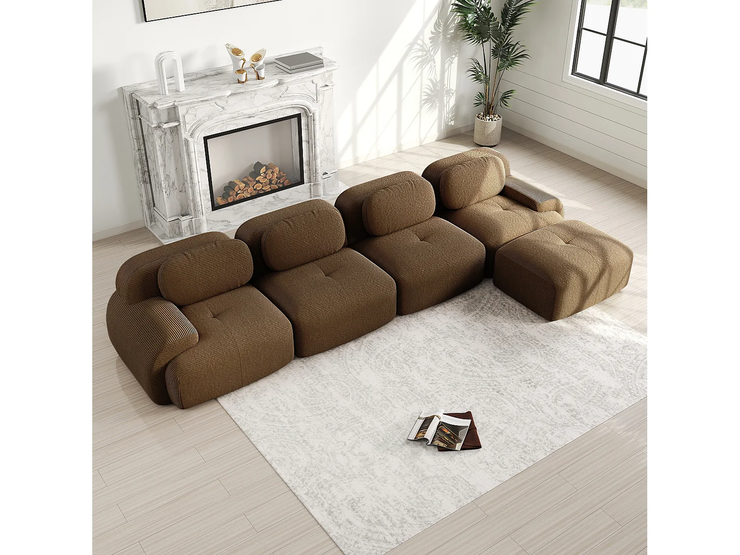 Canapé 4 places d'angle modulable - en Velours côtelé - avec 4 oreillers et pouf - 388x178x70cm - Marron