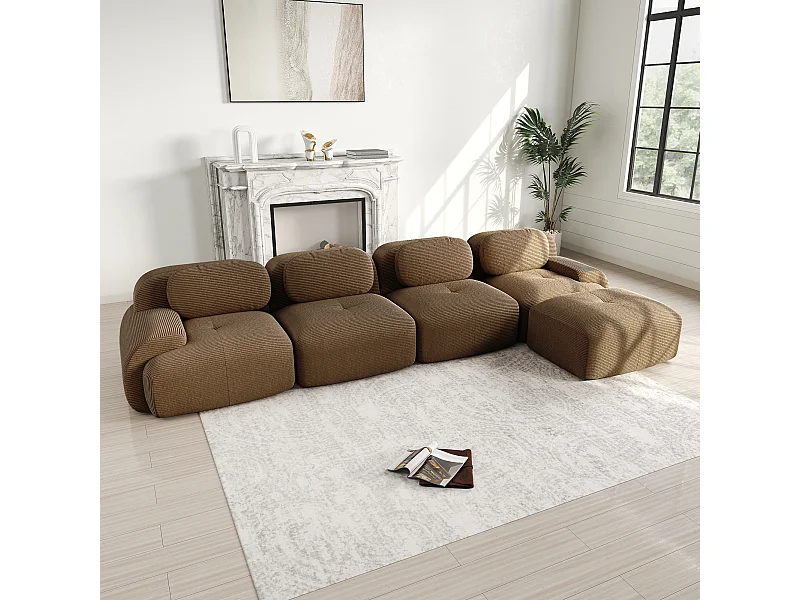 Hoekbank 4-zits modulair - in Ribfluweel - met 4 kussens en poef - 388x178x70cm - Bruin