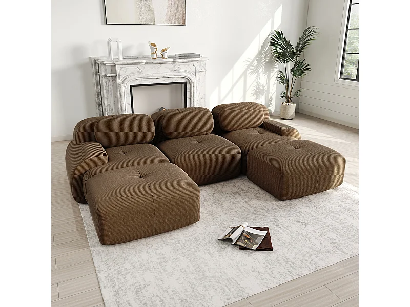 Modulares Ecksofa 3-sitzig - in Rippvelours - mit 3 Kissen und 2 Hockern - 298x178x70cm - Braun