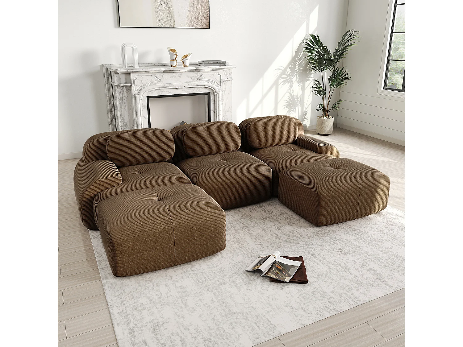 Modulares Ecksofa 3-sitzig - in Rippvelours - mit 3 Kissen und 2 Hockern - 298x178x70cm - Braun