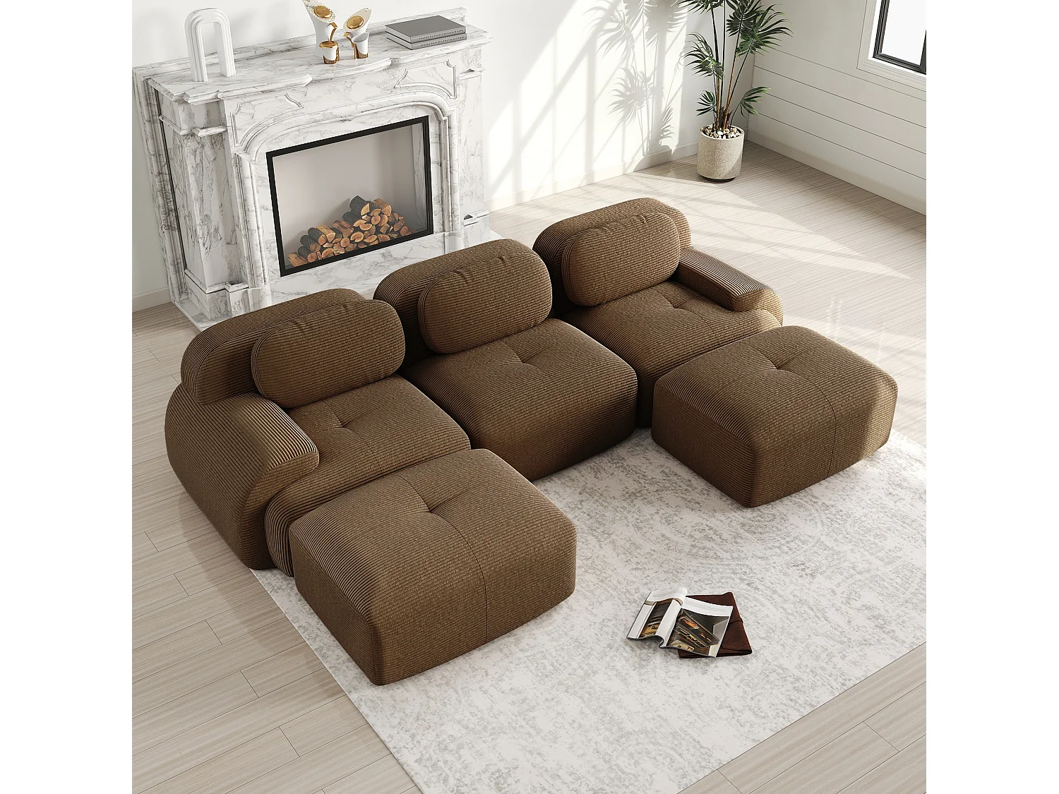 Modulares Ecksofa 3-sitzig - in Rippvelours - mit 3 Kissen und 2 Hockern - 298x178x70cm - Braun