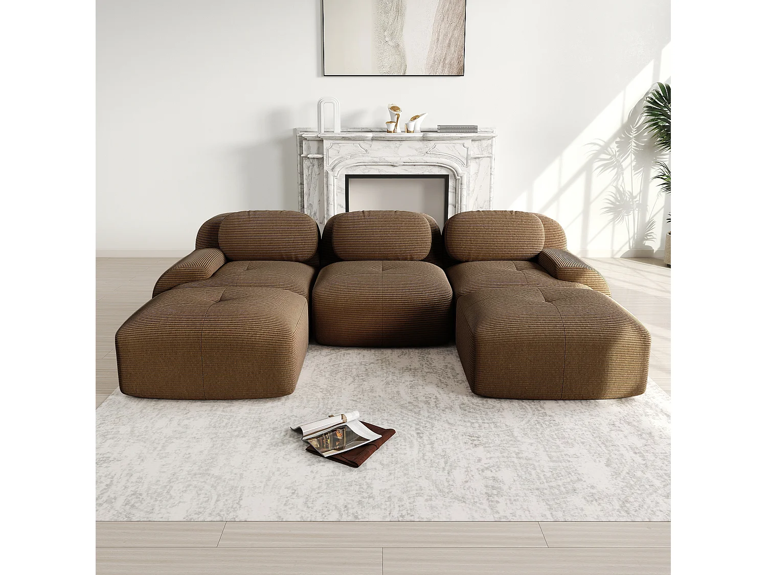 Canapé 3 places d'angle modulable - en Velours côtelé - avec 3 oreillers et 2 pouf - 298x178x70cm - Marron