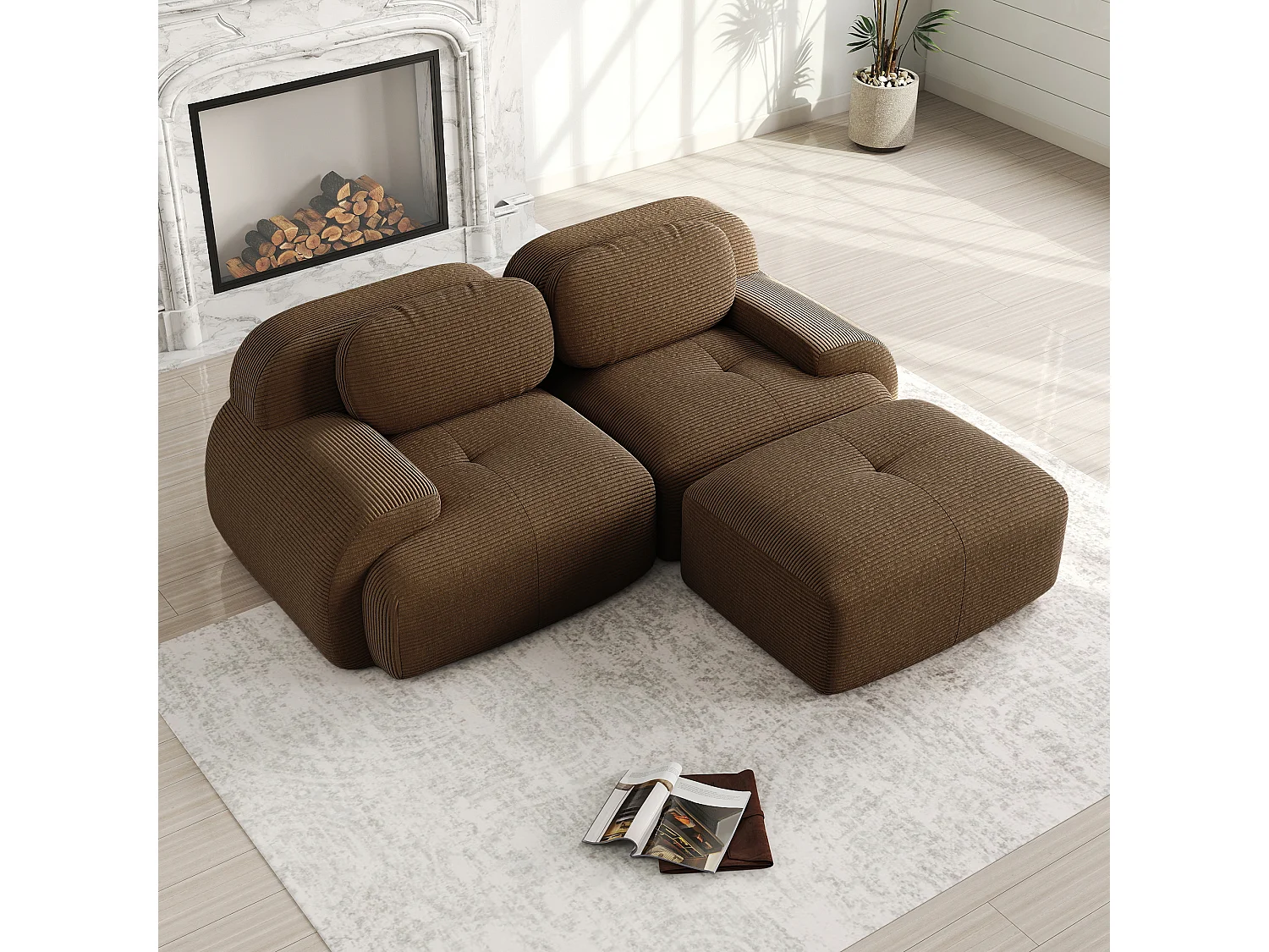 Canapé 2 places d'angle modulable - en Velours côtelé - avec 2 oreillers et pouf - ergonomique- 208x178x70cm - Marron