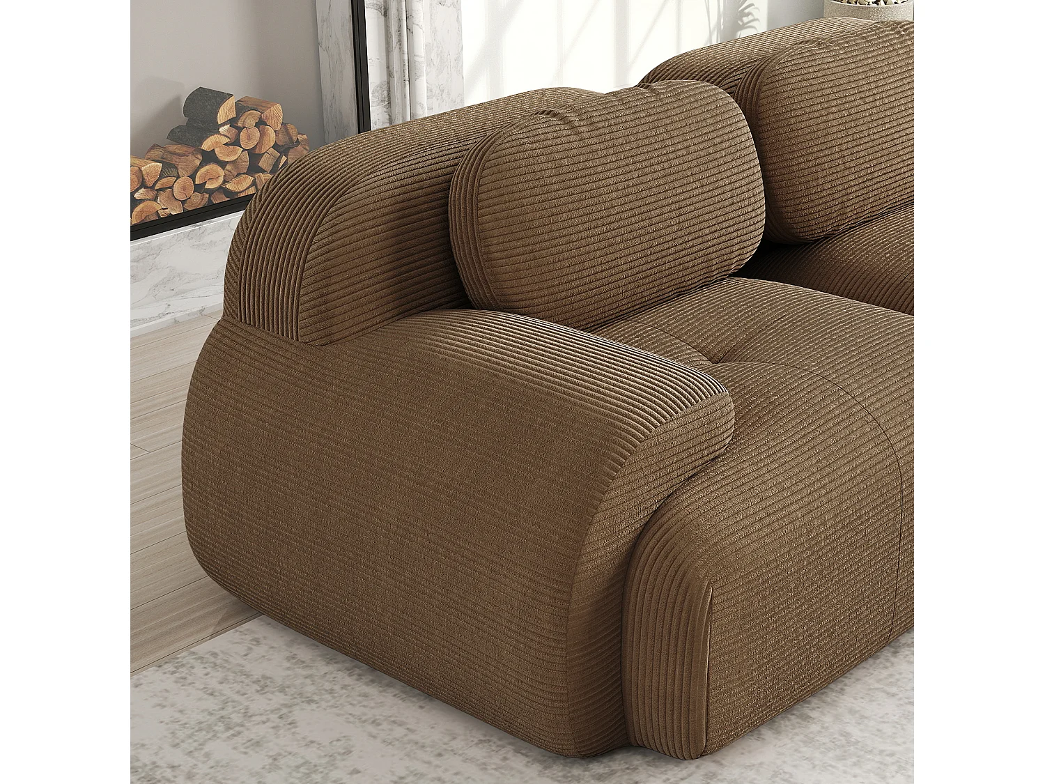 Canapé 2 places d'angle modulable - en Velours côtelé - avec 2 oreillers et pouf - ergonomique- 208x178x70cm - Marron