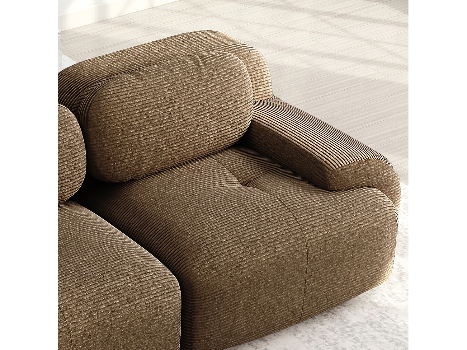 Canapé 2 places d'angle modulable - en Velours côtelé - avec 2 oreillers et pouf - ergonomique- 208x178x70cm - Marron
