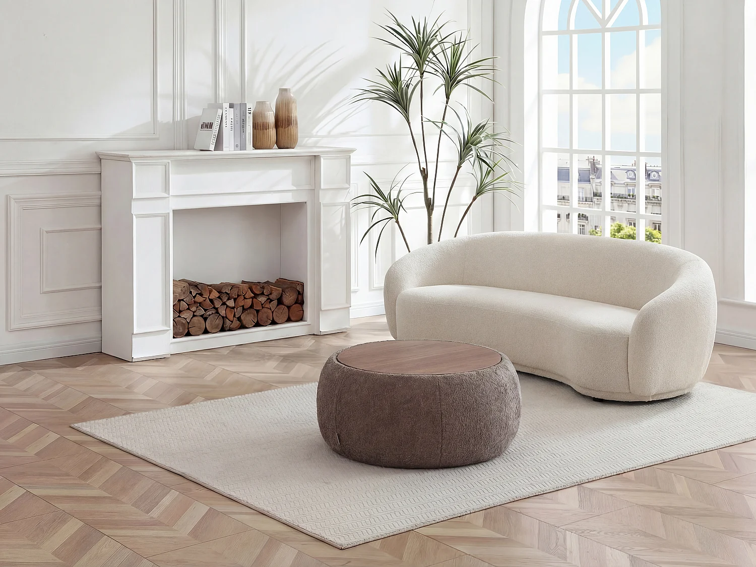 Table basse avec coffre de rangement en tissu bouclette et MDF - Taupe - SORIELI