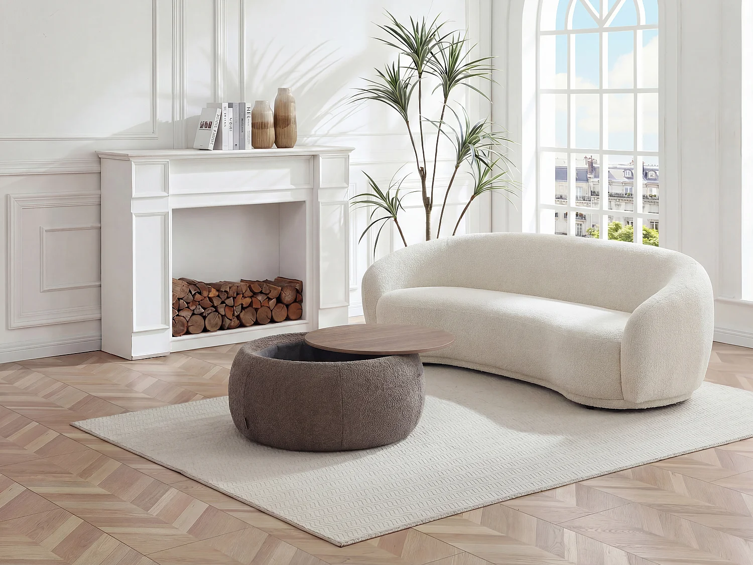 Table basse avec coffre de rangement en tissu bouclette et MDF - Taupe - SORIELI