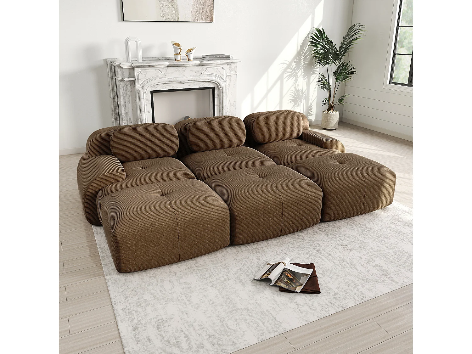 Canapé modulable 3 places + 3 pouf - velours côtelé - avec 3 oreillers - 32kg/m³ densité assise - 298x178x70cm - Marron
