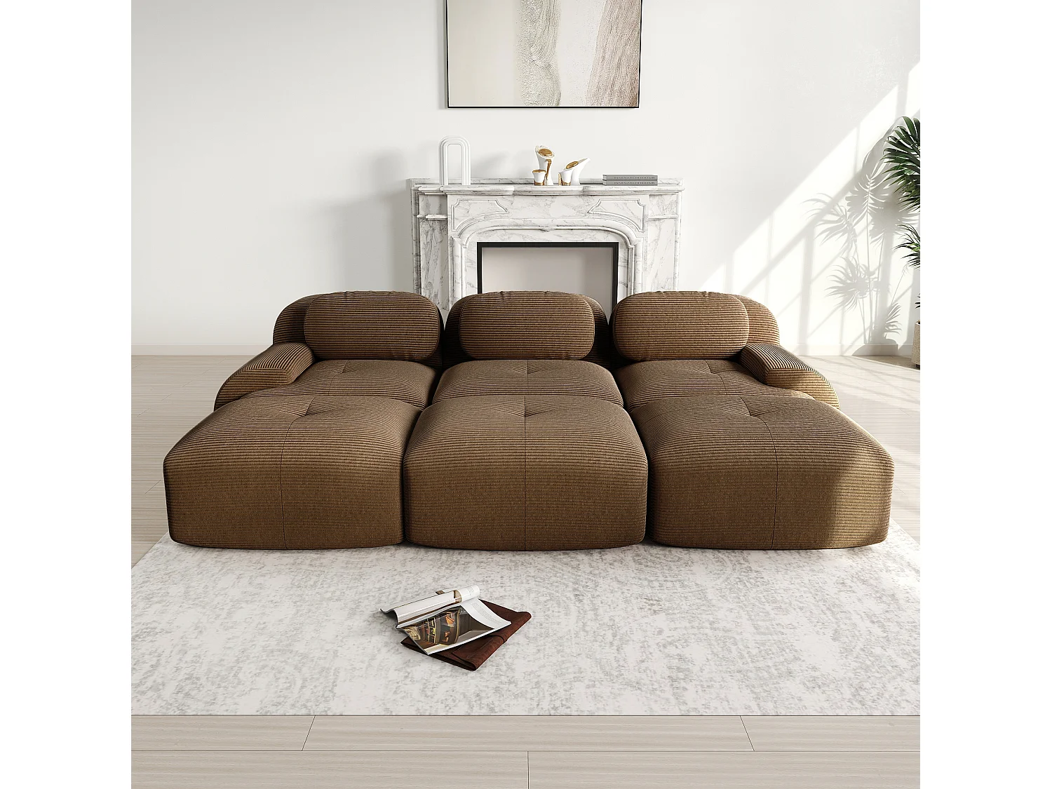 Canapé modulable 3 places + 3 pouf - velours côtelé - avec 3 oreillers - 32kg/m³ densité assise - 298x178x70cm - Marron