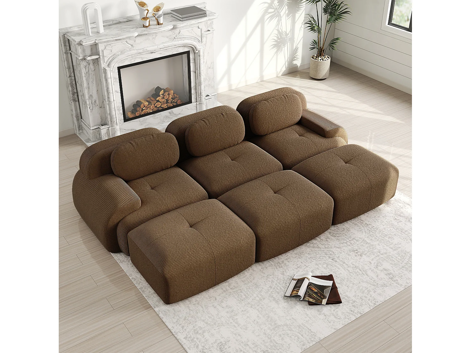 Canapé modulable 3 places + 3 pouf - velours côtelé - avec 3 oreillers - 32kg/m³ densité assise - 298x178x70cm - Marron