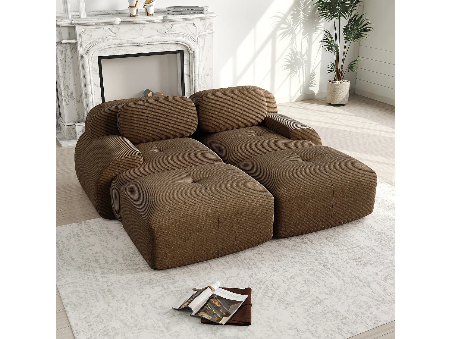 Canapé modulable en velours côtelé - 2 places - avec 2 oreillers et 2 pouf - dessous antidérapant - 208x178x70cm - Marron