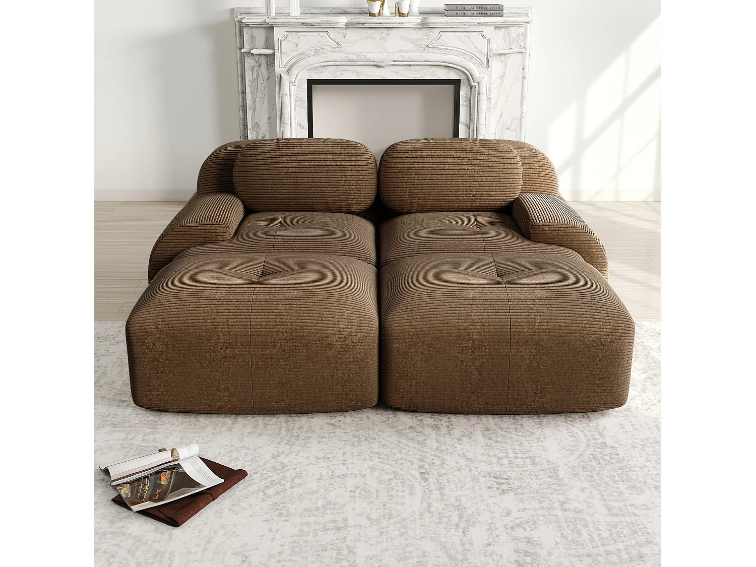 Canapé modulable en velours côtelé - 2 places - avec 2 oreillers et 2 pouf - dessous antidérapant - 208x178x70cm - Marron