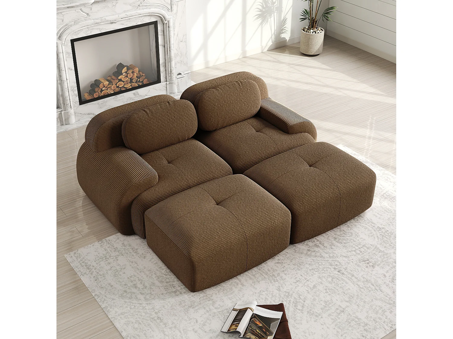Canapé modulable en velours côtelé - 2 places - avec 2 oreillers et 2 pouf - dessous antidérapant - 208x178x70cm - Marron