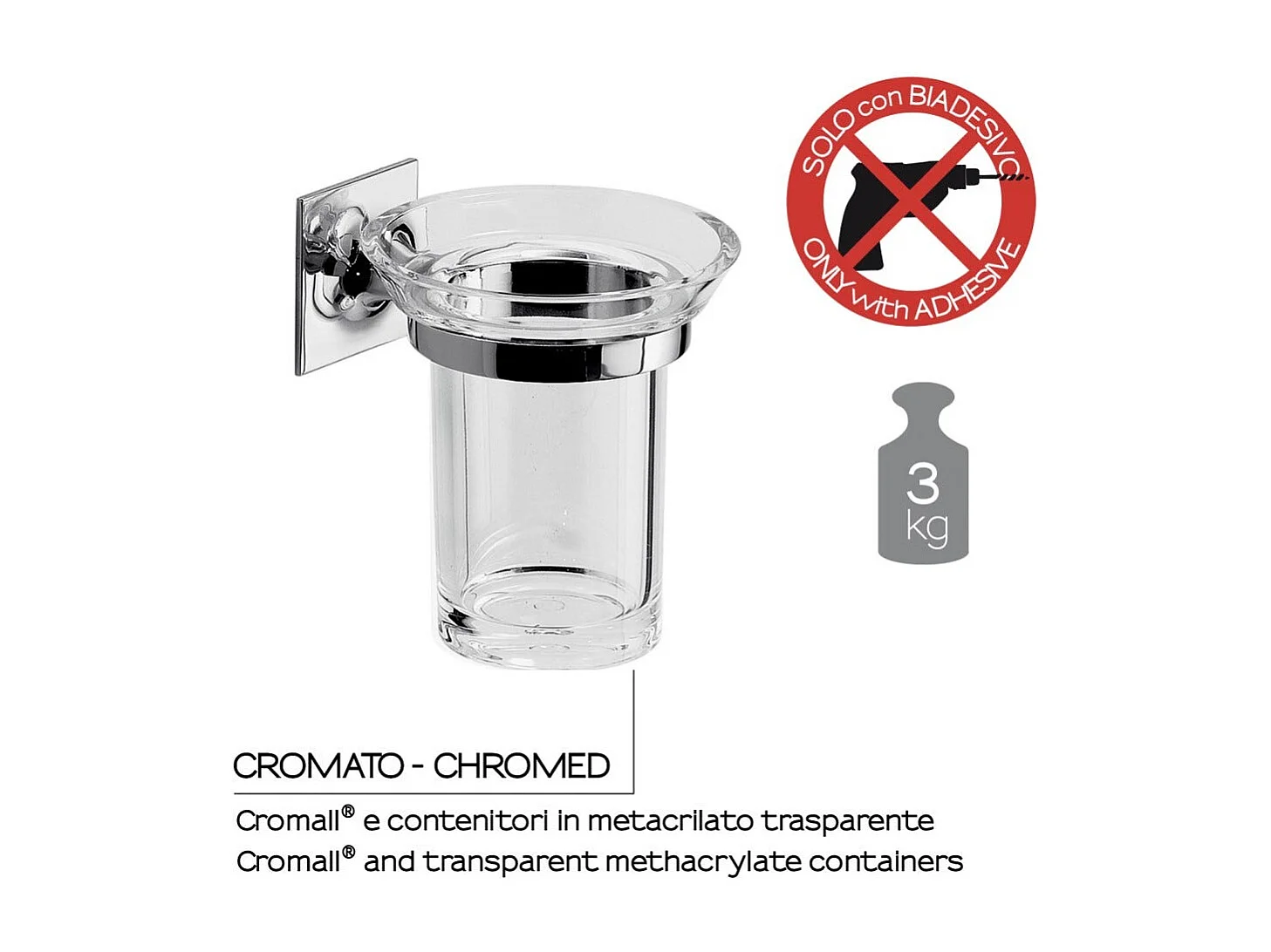 Porte-Brosse À Dents Verre/Acier Inoxydable Chrome Thymus Également Fixé Avec Un Ruban Adhésif Double Face | Mimosa