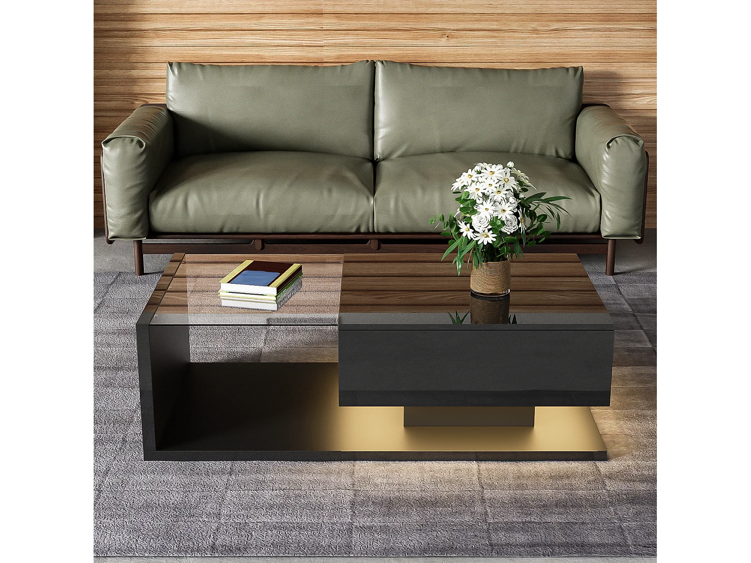 Tavolino da caffè moderno a LED, in vetro nero e legno con ampio cassetto, soggiorno, 105x55x32,5 cm