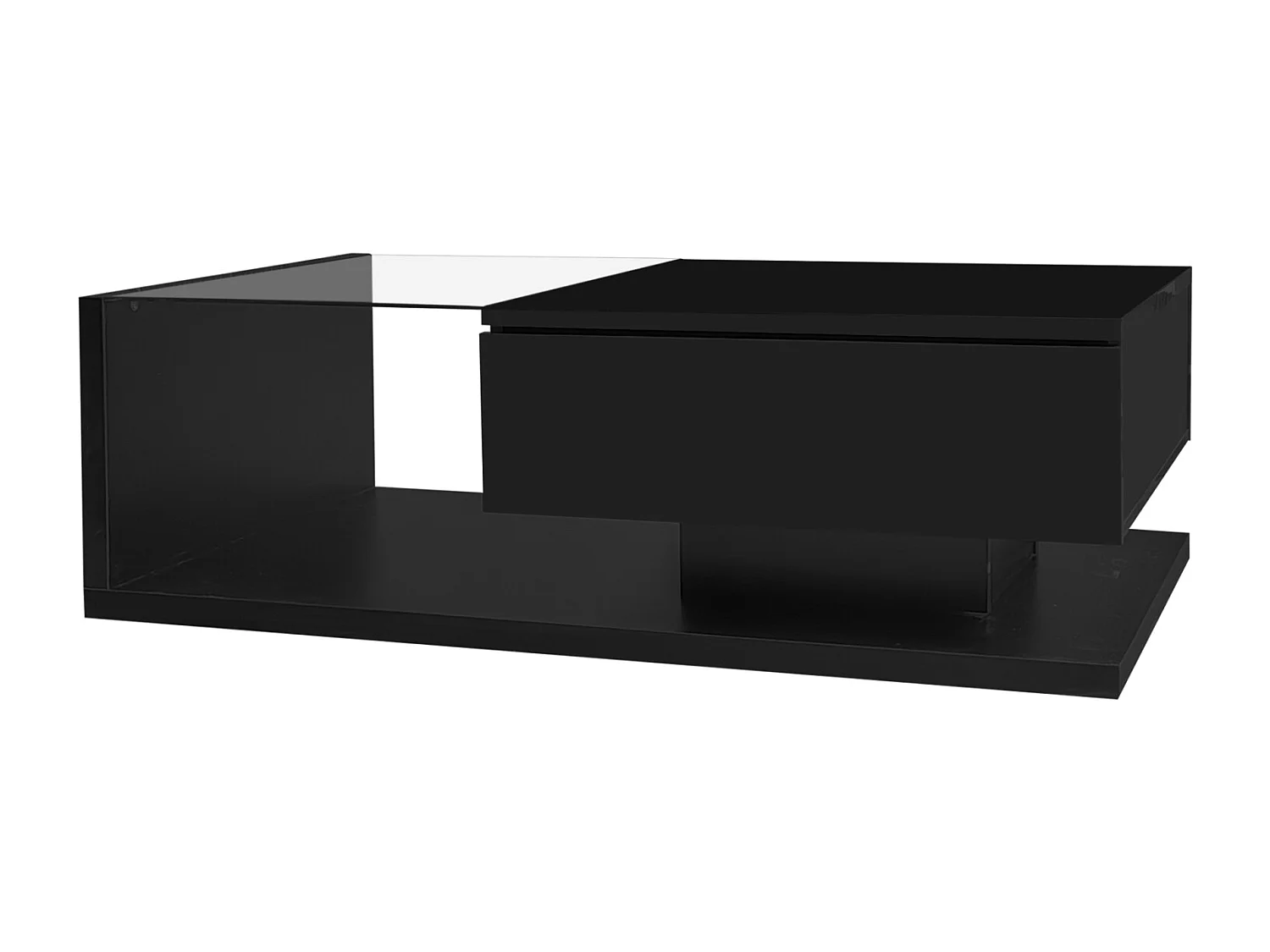 Tavolino da caffè moderno a LED, in vetro nero e legno con ampio cassetto, soggiorno, 105x55x32,5 cm