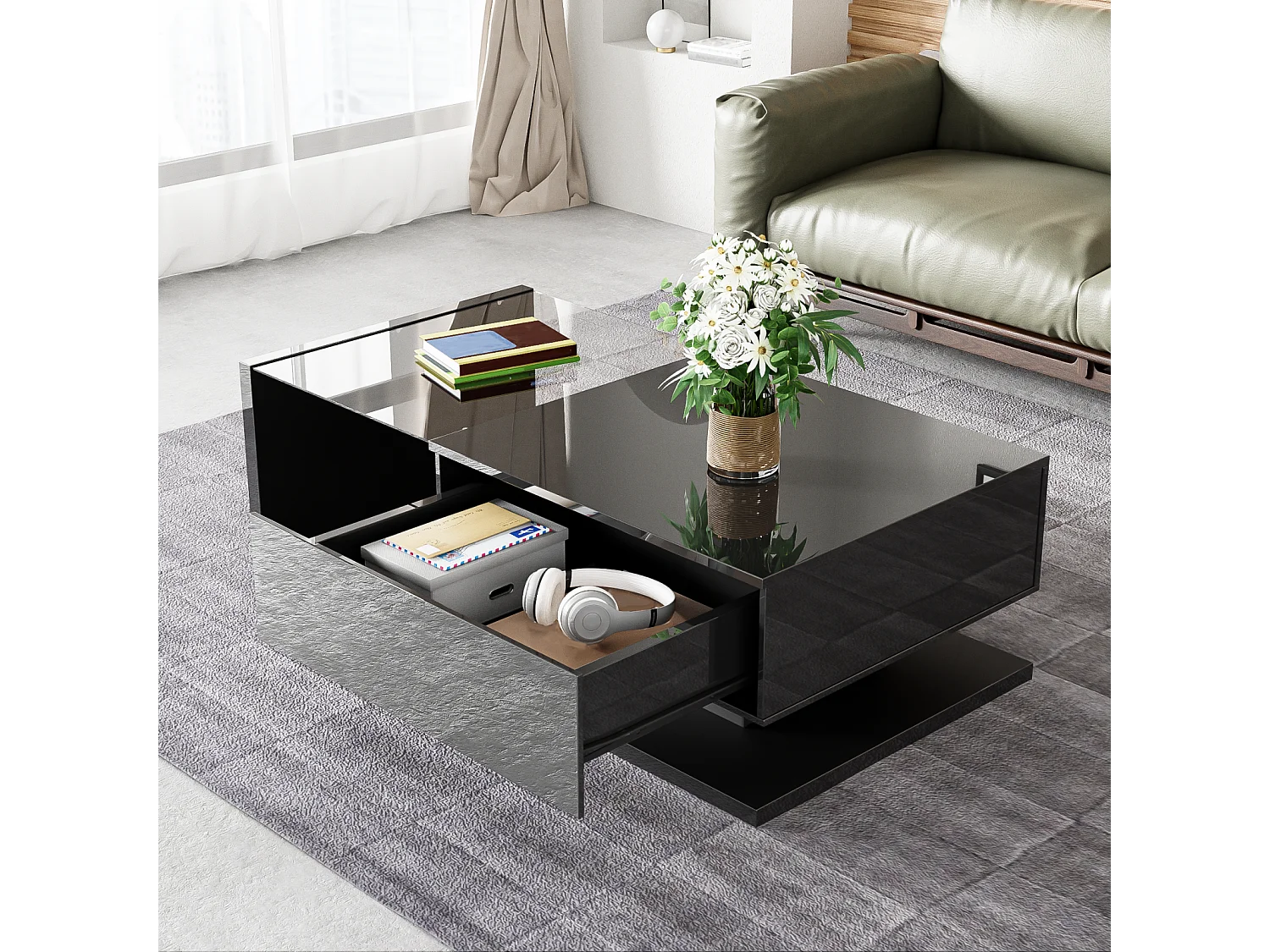 Tavolino da caffè moderno a LED, in vetro nero e legno con ampio cassetto, soggiorno, 105x55x32,5 cm