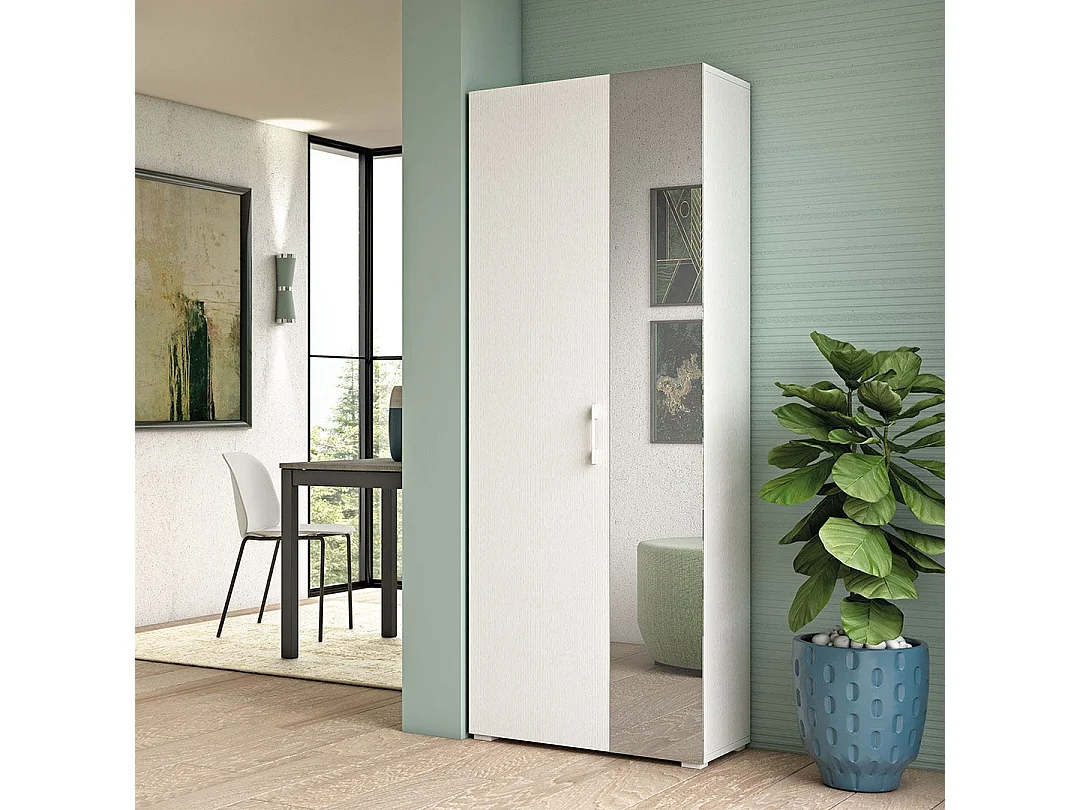 Armoire De Salle De Bain Multifonctionnelle H 195Cm Blanc Avec 1 Porte Et Miroir