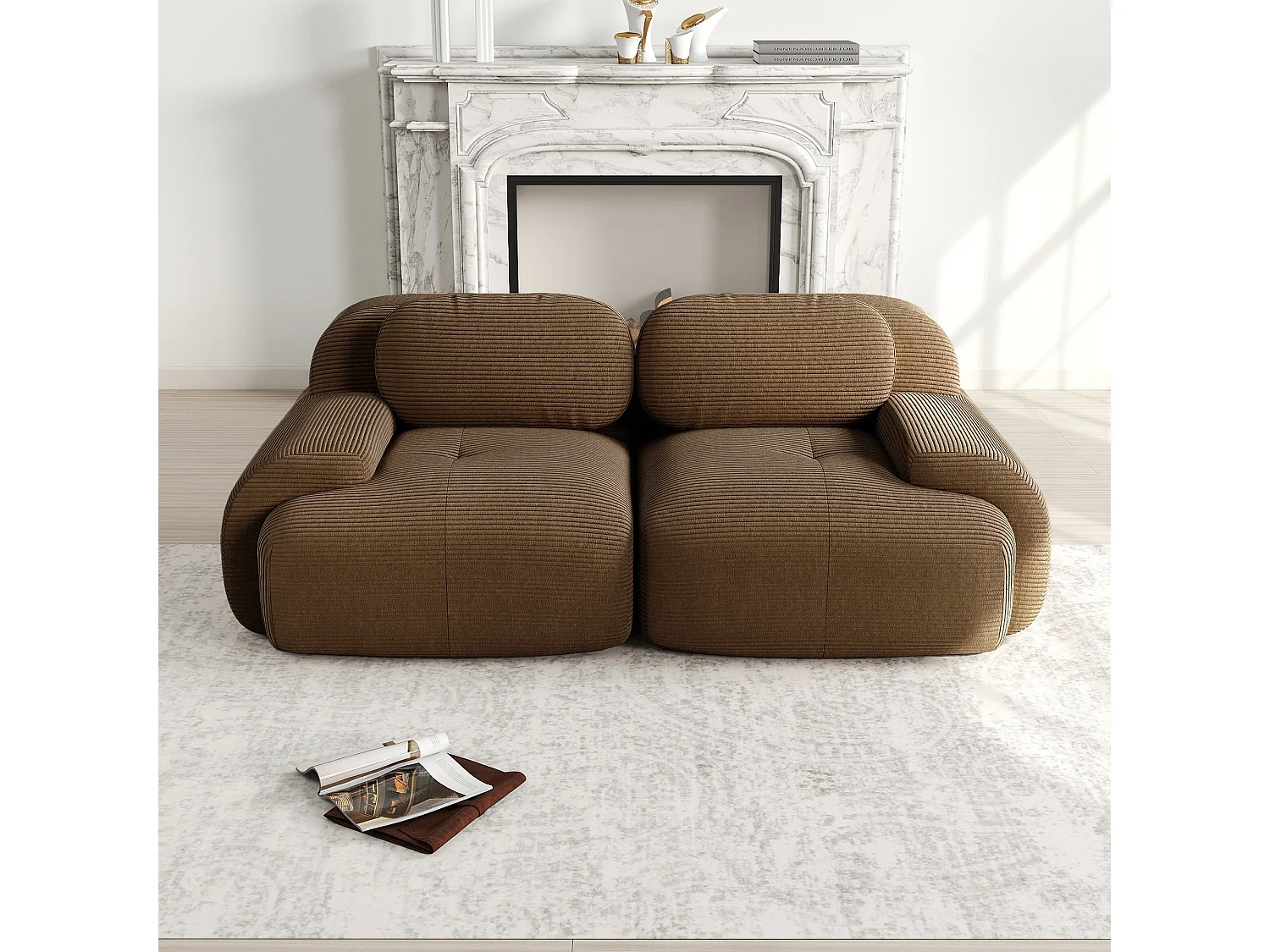 Canapé 2 places modulable en Velours côtelé - avec 2 oreillers - 208x103x70cm - Marron