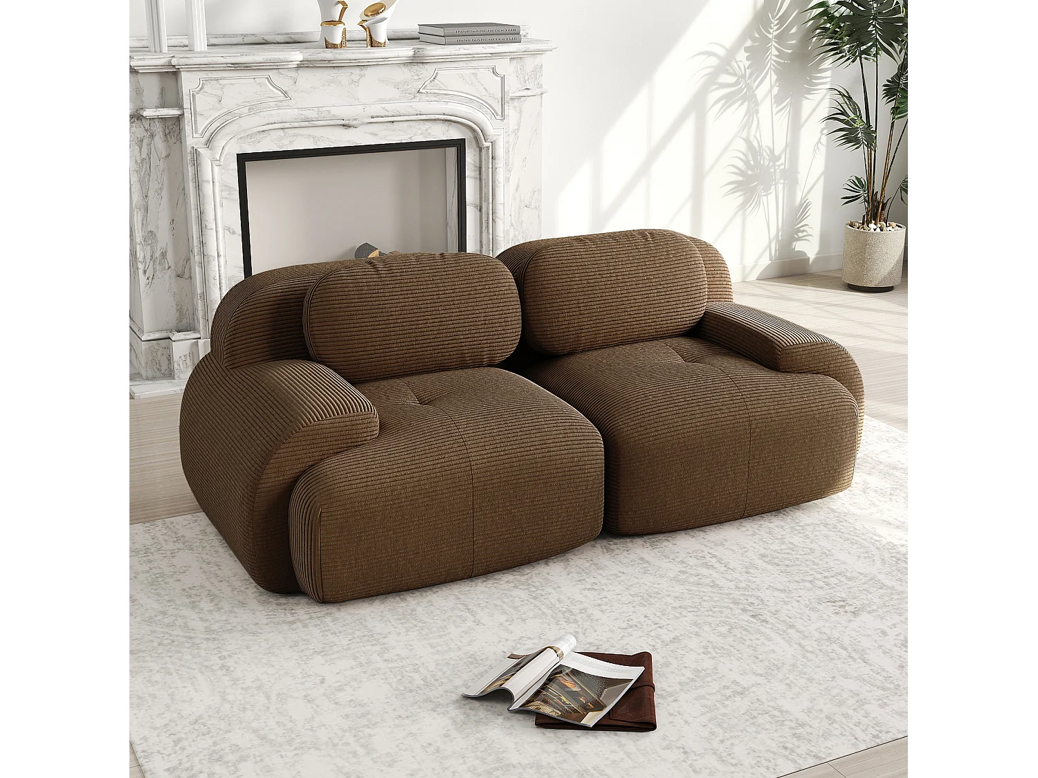 Canapé 2 places modulable en Velours côtelé - avec 2 oreillers - 208x103x70cm - Marron