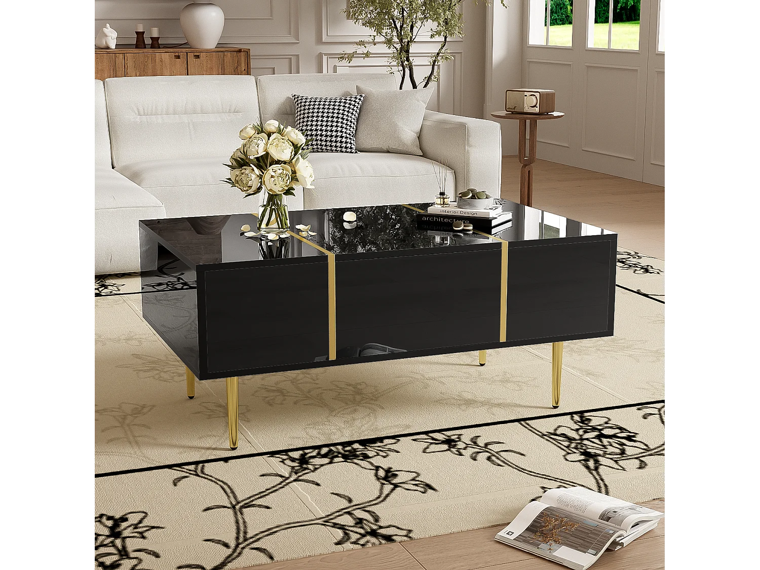 Table basse moderne noir laqué avec 2 tiroirs, salon contemporain