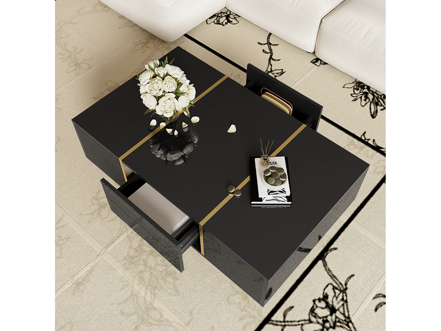 Table basse moderne noir laqué avec 2 tiroirs, salon contemporain