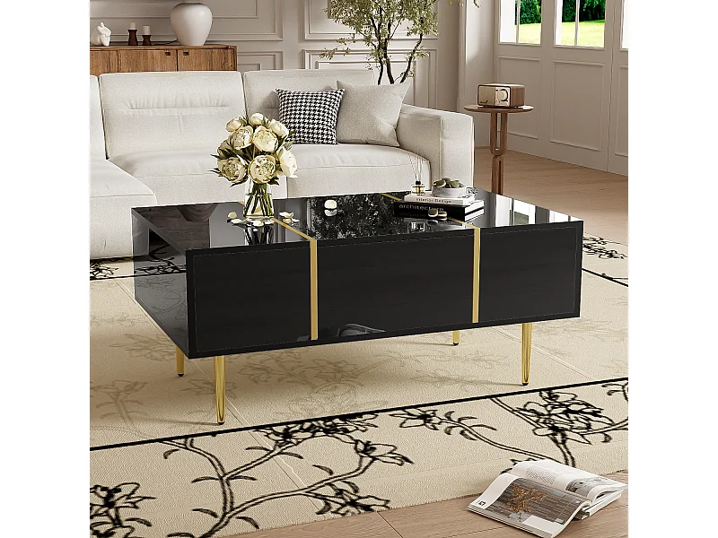 Table basse moderne noir laqué avec 2 tiroirs, salon contemporain