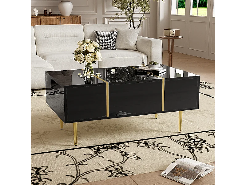 Table basse moderne noir laqué avec 2 tiroirs, salon contemporain