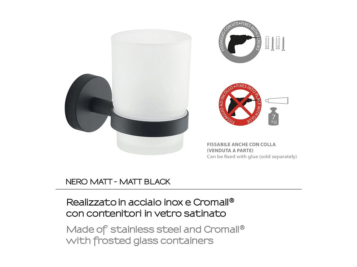 Verre/Acier Inoxydable Noir Mat Porte-Brosse À Dents Mural | Violetta