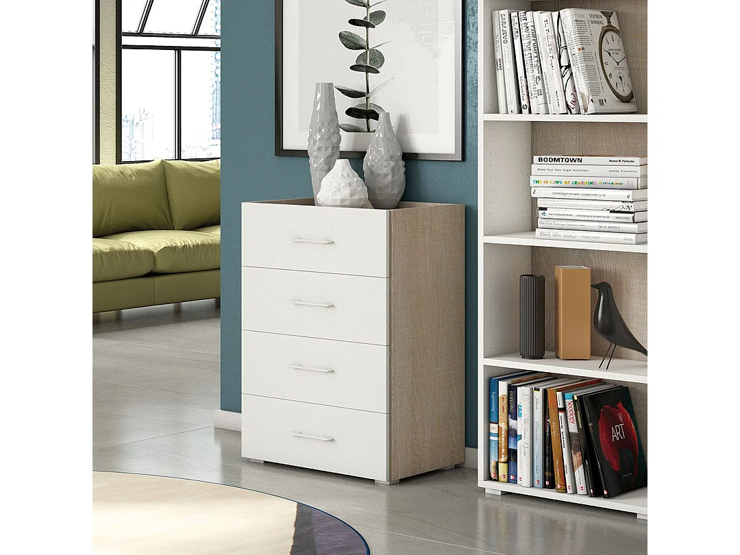 Meuble À Tiroirs De Salle De Bains Avec Façade Blanche Et Côtés En Chêne