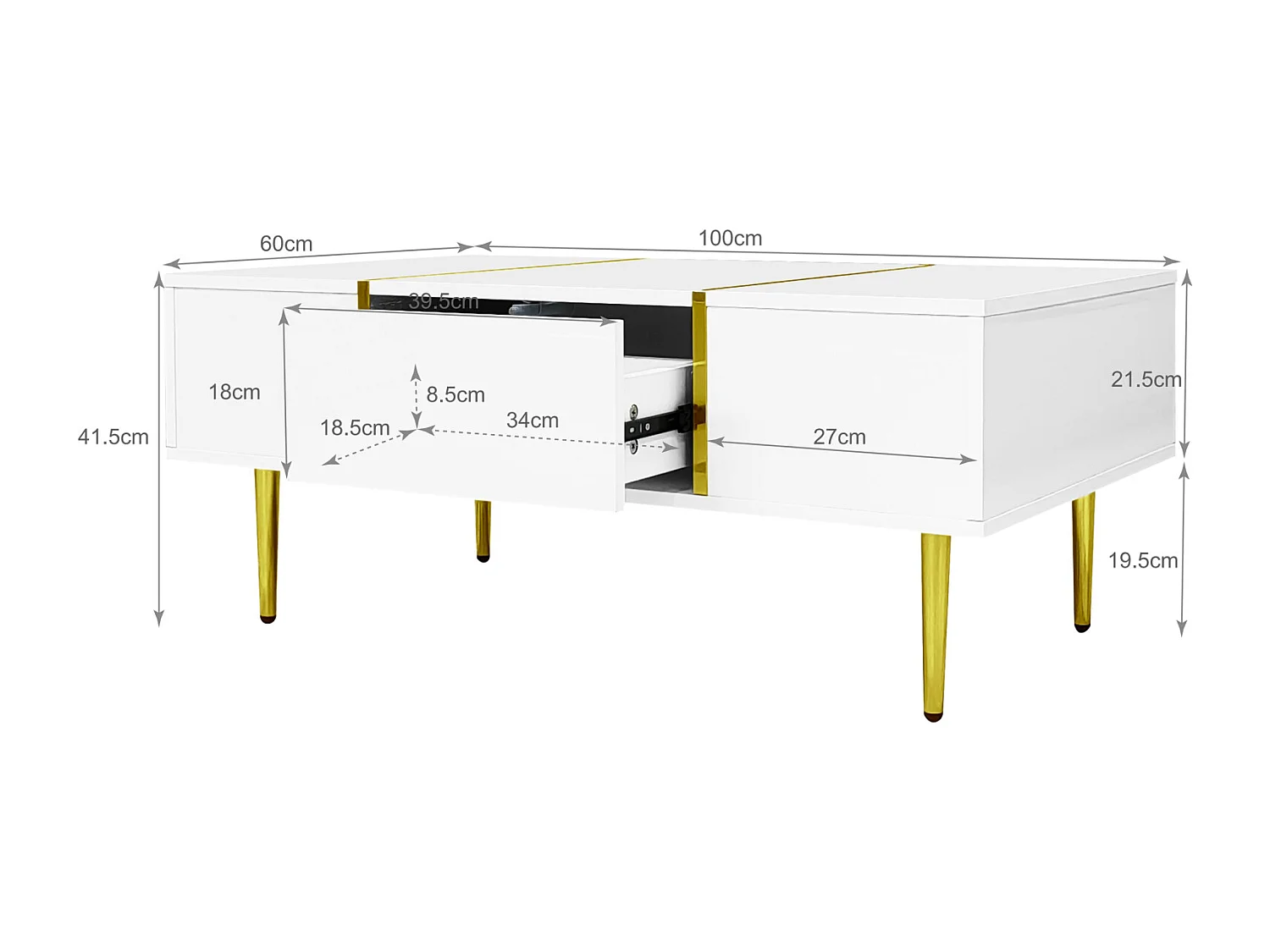 Mesa de centro moderna y elegante lacada en blanco con 2 cajones, para una sala de estar contemporánea.